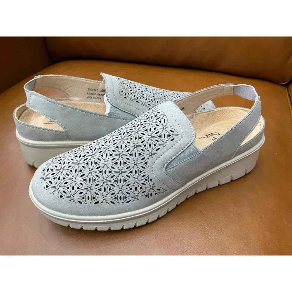 Easy‎ Street Petal Sandals Womens 6.5 Grey Excellent Laser Cut Wedge Slingback